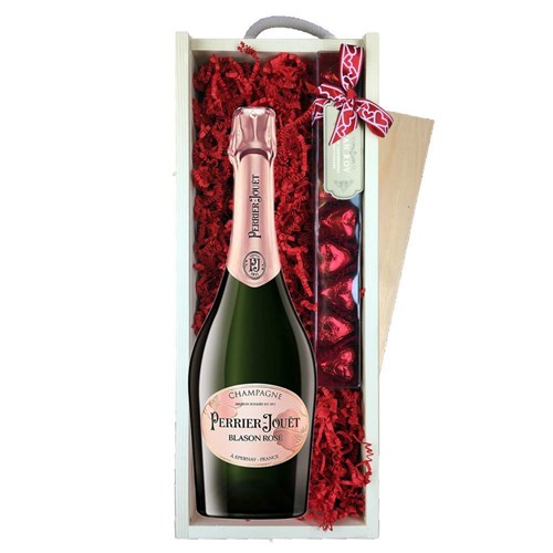 Perrier Jouet Rose Champagne 75cl & Chocolate Praline Hearts, Wooden Box